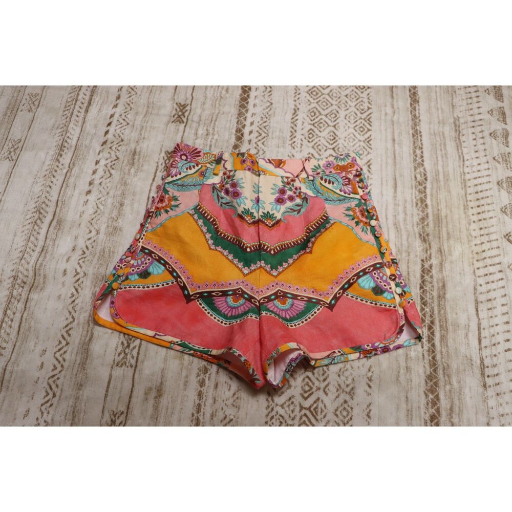 Zara Printed Linen Blend Shorts High Rise Pink Orange Geometric  Size Small